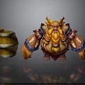 Cartoon Orange Horned Warrior Character With Decorative Armor And Wooden Barrel