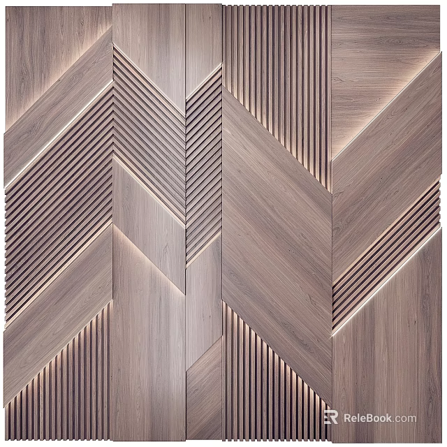 Modern Wooden Feature Wall with Herringbone Pattern and Vertical Slats for Contemporary Interior Decor 3d model 