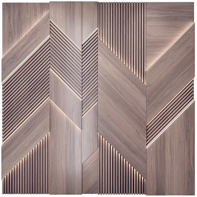 Modern Wooden Feature Wall with Herringbone Pattern and Vertical Slats for Contemporary Interior Decor 3d model