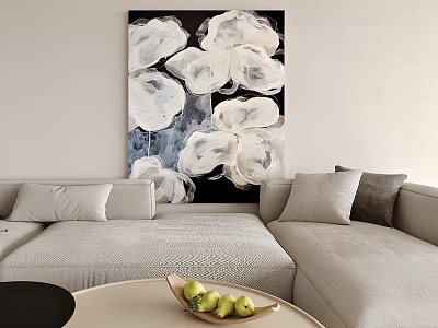 Abstract Painting with White and Black Floral Patterns on Wall in Living Room with Light Gray Sofa 3d model