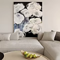 Abstract Painting with White and Black Floral Patterns on Wall in Living Room with Light Gray Sofa