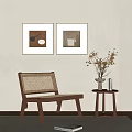 Wooden Rattan Leisure Chair With Side Table And Dried Flowers Decorative Paintings On Beige Wall