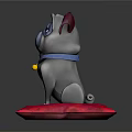 Cartoon Pug Figure Sitting On Red Cushion Wearing Blue Collar With Gold Bell