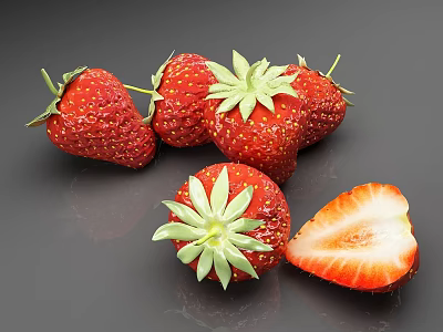 Fresh Ripe Strawberries With Whole And Sliced Pieces On Gray Surface 3d model