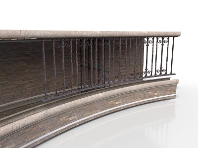 Curved Balcony Railing With Wooden Structure And Wrought Iron Decorative Patterns 3d model