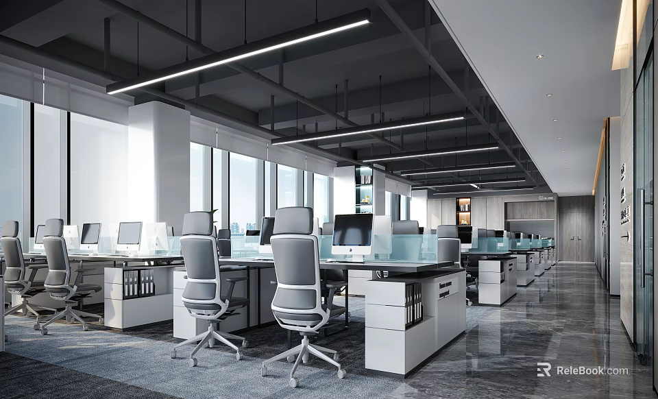 Modern Public Office Space With Spacious Workstations Computers Ergonomic Chairs And Bright Lighting 3d model 