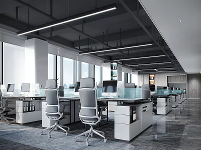 Modern Public Office Space With Spacious Workstations Computers Ergonomic Chairs And Bright Lighting 3d model
