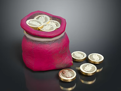 Red Fabric Pouch for Daily Life Coin Storage with Scattered Coins 3d model