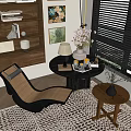Modern Wicker Lounge Chair In Living Room With Round Table Potted Flowers And Wooden Shelf