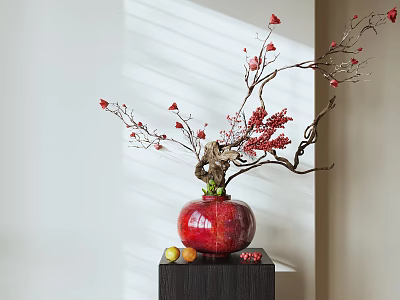 Red Pomegranate Shaped Vase With Floral Arrangement Red Berries Branches Dark Wooden Stand 3d model