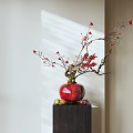Red Pomegranate Shaped Vase With Floral Arrangement Red Berries Branches Dark Wooden Stand