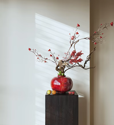 Red Pomegranate Shaped Vase With Floral Arrangement Red Berries Branches Dark Wooden Stand 3d model