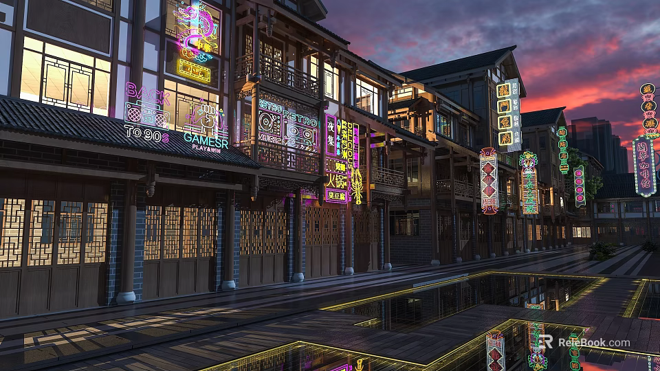 Chinese Style Commercial Street At Evening With Neon Signs Traditional Windows And Water Reflections 3d model 