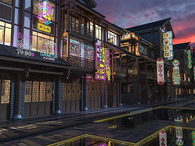 Chinese Style Commercial Street At Evening With Neon Signs Traditional Windows And Water Reflections 3d model
