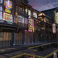 Chinese Style Commercial Street At Evening With Neon Signs Traditional Windows And Water Reflections