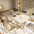 Modern Elegant Dining Table Set With Marble Top Metal Base Beige Chairs And Stone Wall