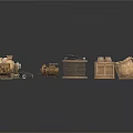 Vintage Mechanical Parts Collection Featuring Old Gears Reels And Wooden Boxes