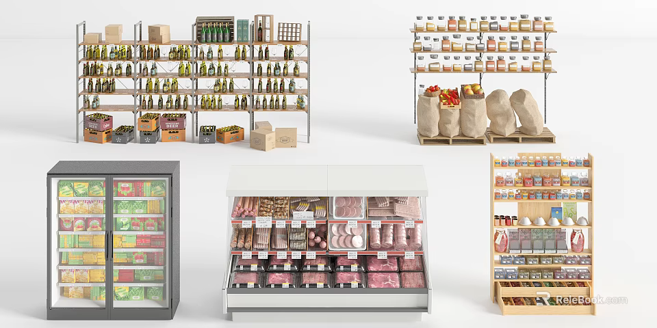Varied Display Shelves For Retail Stores With Beverages Meats Snacks And Packaged Goods 3d model 