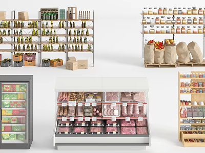 Varied Display Shelves For Retail Stores With Beverages Meats Snacks And Packaged Goods 3d model