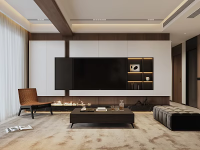 Modern Living Room Interior Design With TV Wall Fireplace White And Dark Cabinets 3d model