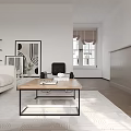 Modern Living Room Interior With White Sofa Black Armchair Wooden Coffee Table And Round Chandelier