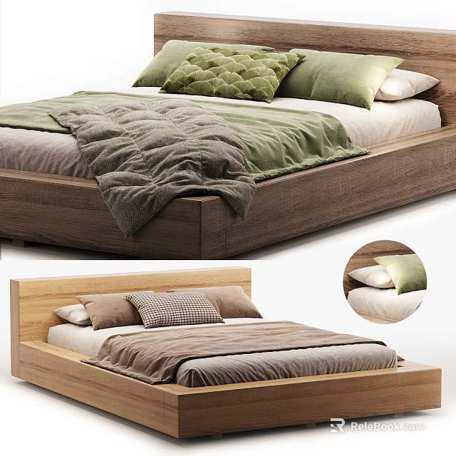 Wooden Platform Bed with Green White Pillows and Gray Blanket in Different Angles 3d model 