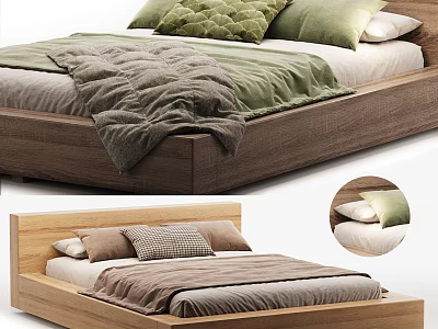 Wooden Platform Bed with Green White Pillows and Gray Blanket in Different Angles 3d model