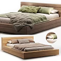 Wooden Platform Bed with Green White Pillows and Gray Blanket in Different Angles