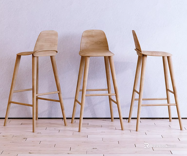 Three Wooden Bar Stools Simple Design Indoor Setting With White Wall And Wooden Floor 3d model 