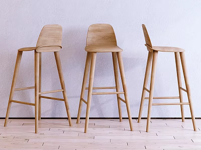 Three Wooden Bar Stools Simple Design Indoor Setting With White Wall And Wooden Floor 3d model