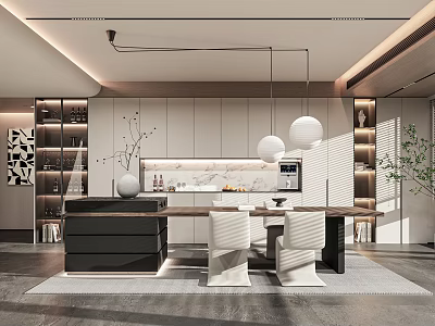 Modern Restaurant Interior With Open Layout Wooden Dining Table Pendant Lights And Green Plants 3d model