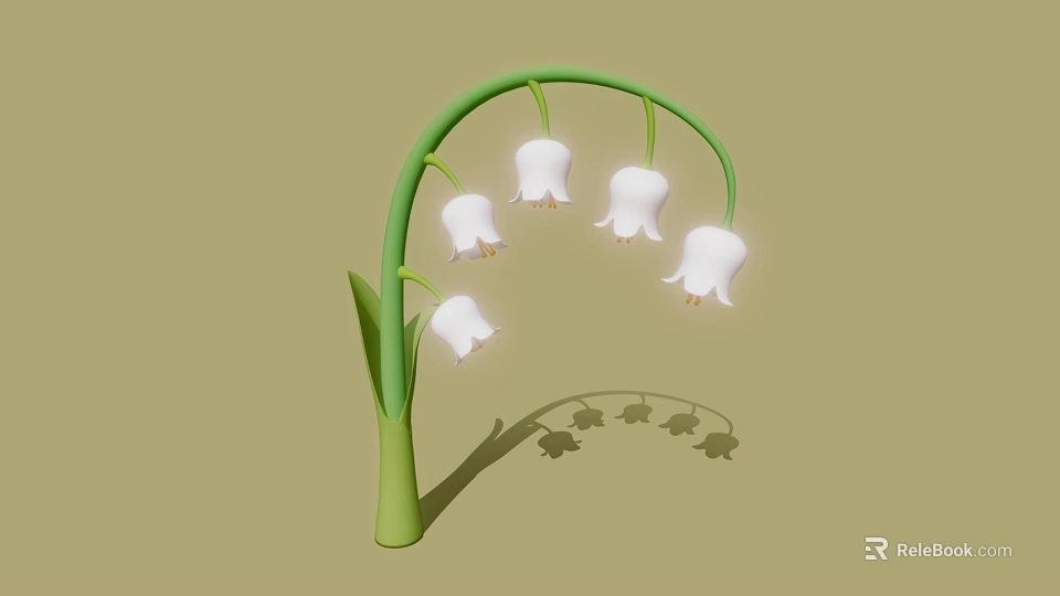 White Bell shaped Lily of the Valley Flowers on Green Stem with Shadow 3d model 