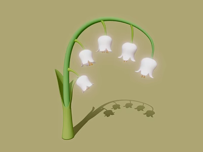 White Bell shaped Lily of the Valley Flowers on Green Stem with Shadow 3d model