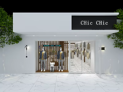 Chic Chic Modern Clothing Store With Window Display Mannequins And Green Plants 3d model