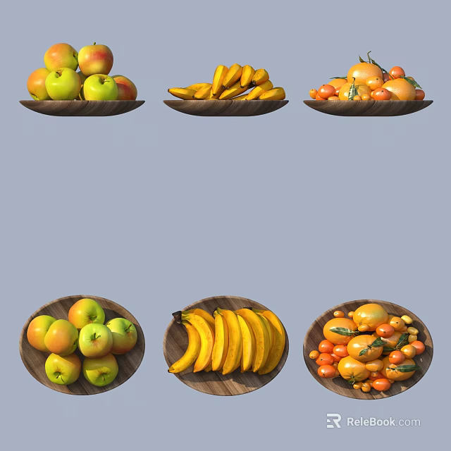 Colorful Fresh Fruits Display With Apples Bananas And Oranges On Wooden Plates 3d model 