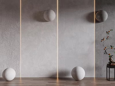 Textured Gray Wall with Vertical Light Strips Circular Decor Floor Spheres and Side Plant 3d model