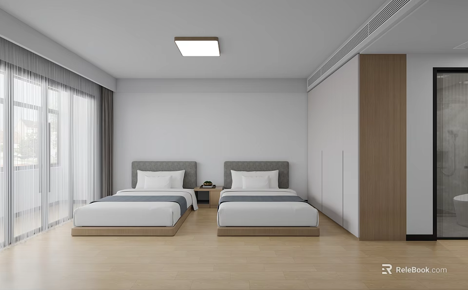 Hotel Guest Room With Two Beds Gray Headboards White Walls And Wooden Flooring 3d model 