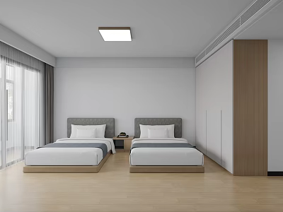 Hotel Guest Room With Two Beds Gray Headboards White Walls And Wooden Flooring 3d model