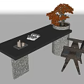 Modern Dining Table Set With Black Tabletop Stone Base Chair And Potted Plant 3d model