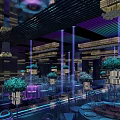 Modern Banquet Hall Interior With Elegant Chandeliers Greenery Stage And Mirrored Floor