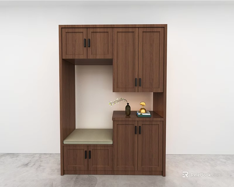 Wooden Entryway Side Cabinet With Multiple Doors Open Compartment Bench Seat And Tabletop 3d model
