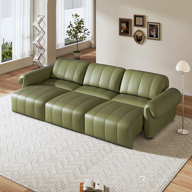 Modern Green Leather Sectional Sofa Set In Living Room With Area Rug And Natural Light 3d model 