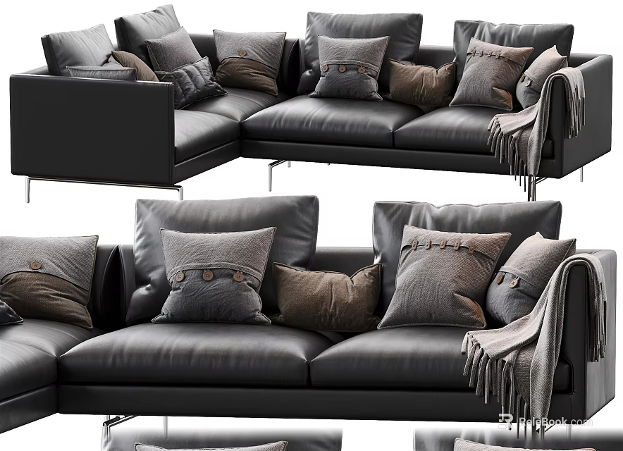 Stylish Black Sectional Sofa With Multiple Throw Pillows And Fringed Blanket 3d model