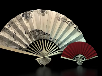 Traditional Chinese Decorative Fans With White Black Patterns And Red Design 3d model