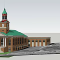 Red Brick Building Exterior With Green Roof Multiple Windows Front Porch And Symmetric Design