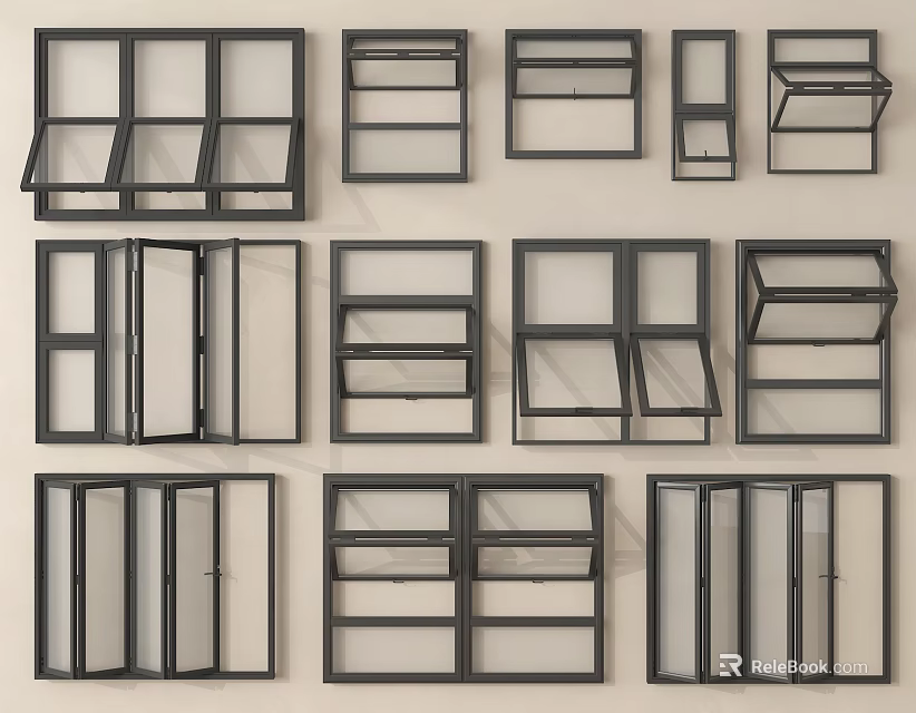 Various Black Frame Window Types With Different Opening Styles And Designs 3d model 