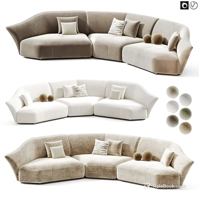 Modern Soft Fabric Curved Double Sofa With Multiple Neutral Color Options For Cozy Living Space 3d model 