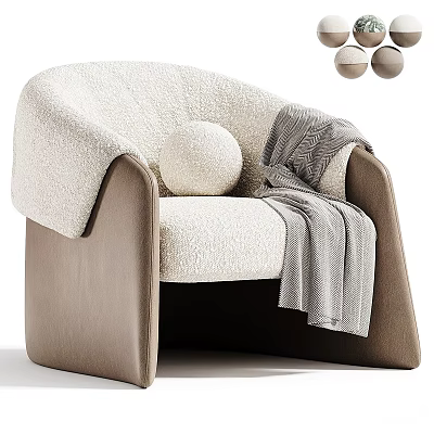 Cozy Cream Colored Single Sofa With Brown Armrests Round Pillow And Gray Blanket 3d model