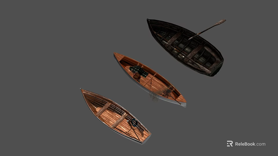 Three Vintage Wooden Boats with Natural Wood Hulls and Rowing Oars 3d model 
