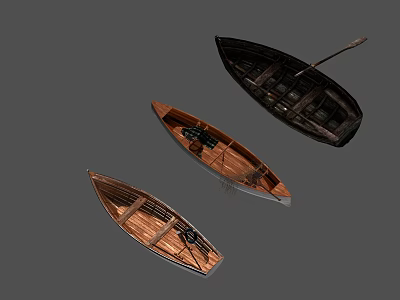 Three Vintage Wooden Boats with Natural Wood Hulls and Rowing Oars 3d model